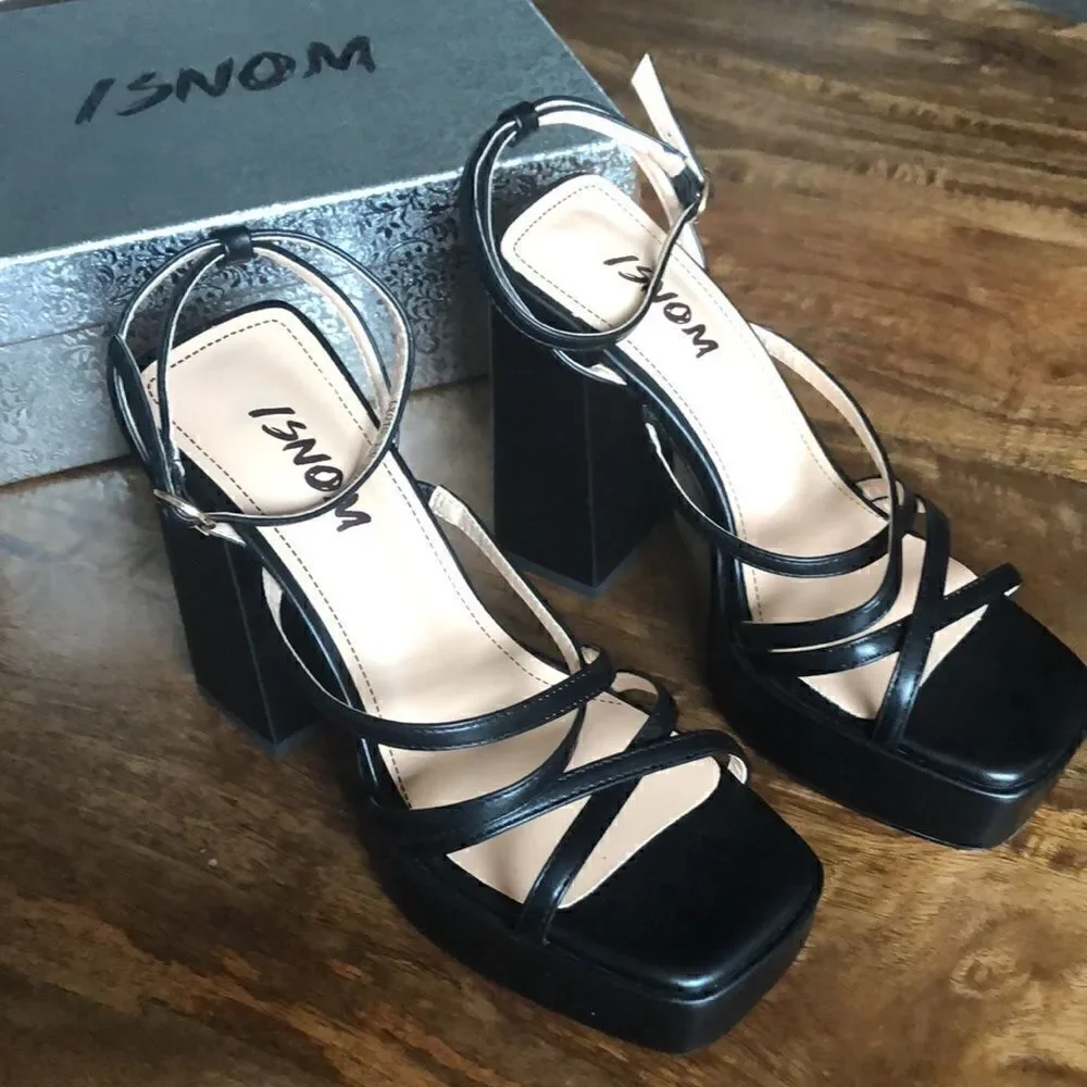 ISNOM Platform Chunky Block Heel Sandals with Open Square Toe size 7